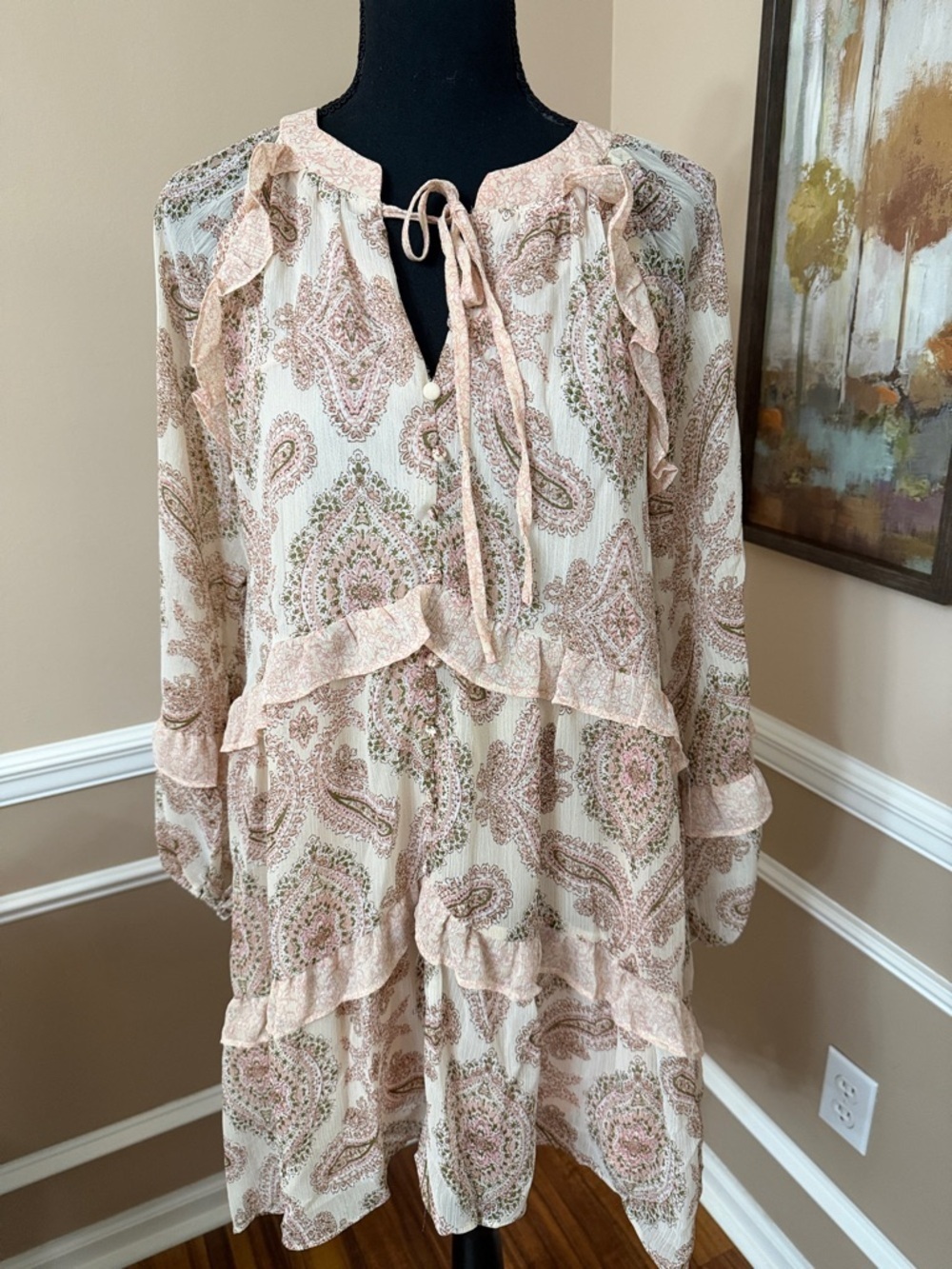 Blu Pepper Cream & Blush Paisley Ruffle Tiered Long Sleeve Dress